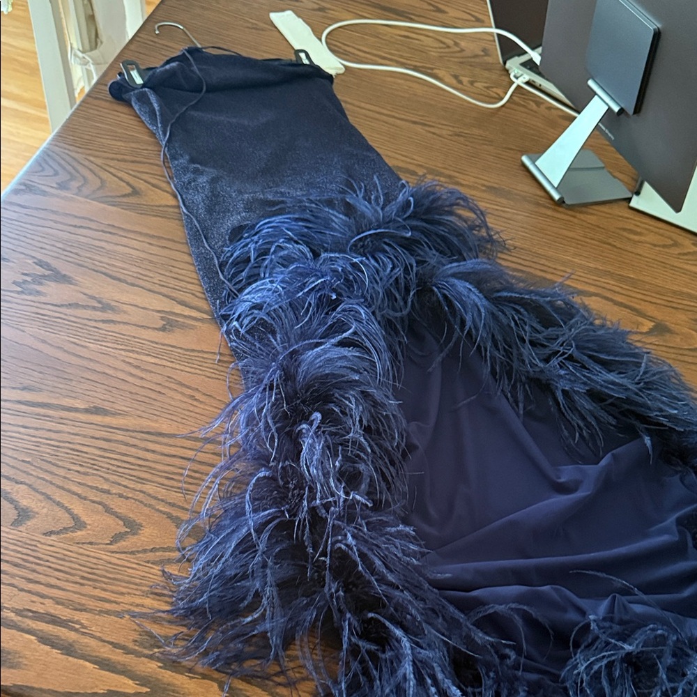 Oseree Midnight Blue Feathered High Low Dress